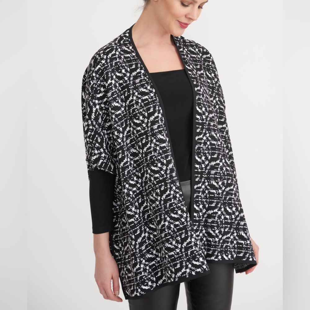 Joseph Ribkoff Womens Black White Open Front Cardigan Sweater topper Size 10